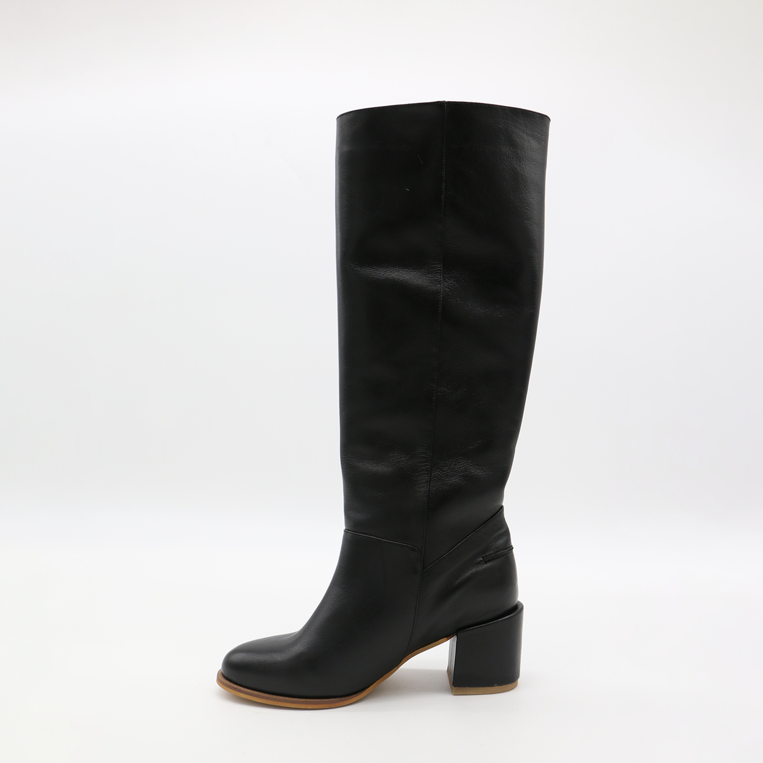 Cleo knee high block heel boots in black leather womens shoe