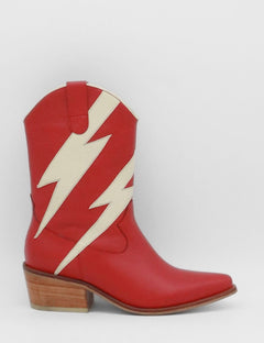 Red leather western cowboy boot with ivory lighting bolts pointed toe and stacked heel – Idol by Stivali New York
