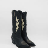 profile view of black leather kiss cowboy boots with semi pointed toe 