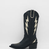 side view of black leather kiss cowboy boot with ivory lighting bolts on shaft and heel