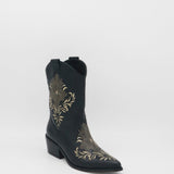 profile of black leather knox boots with pointed toe and embroidery stitching 