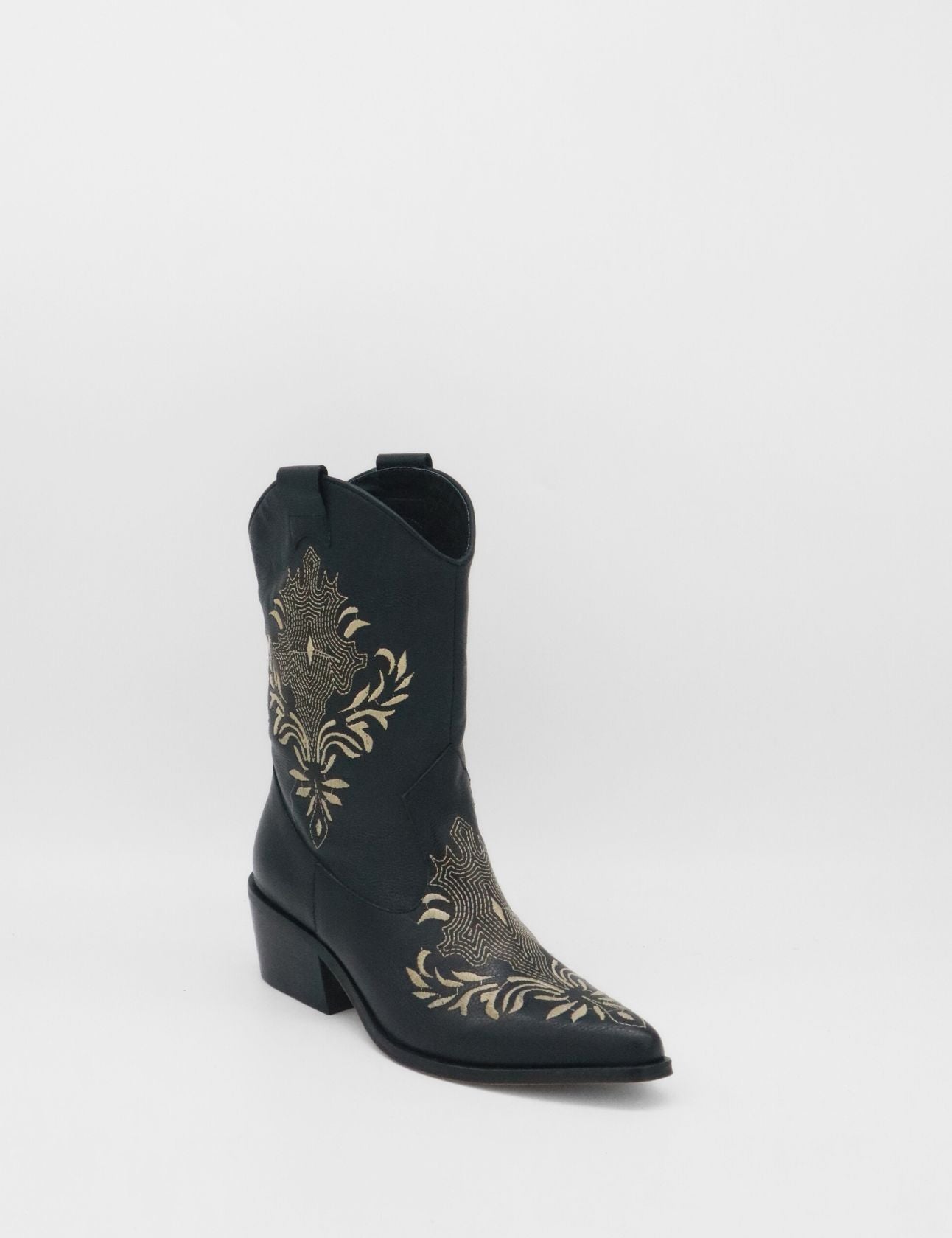 profile of black leather knox boots with pointed toe and embroidery stitching 