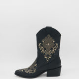 side view of black leather knox boot with pointed toe and embroidery 