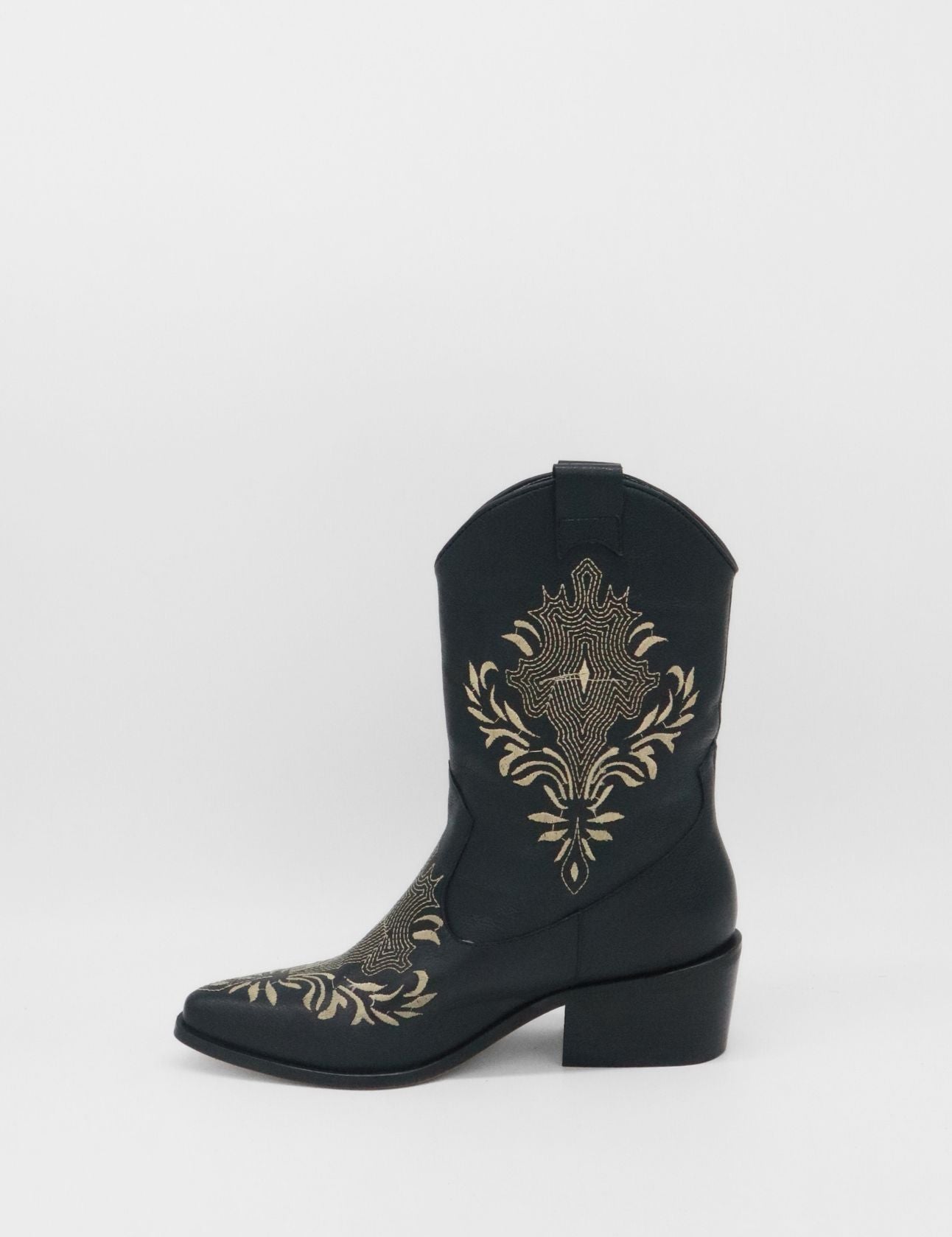 side view of black leather knox boot with pointed toe and embroidery 