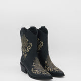 profile of black leather knox cowboy boots with western stitching 