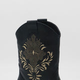 close up shaft stitching detail on black leather knox boots 