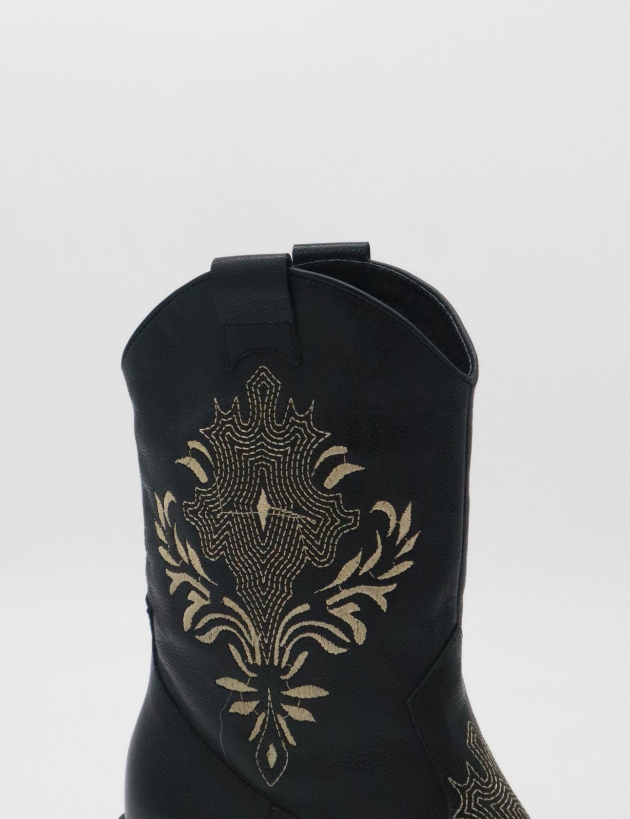 close up shaft stitching detail on black leather knox boots 