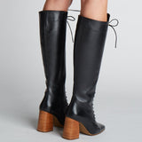 Renaissance lace knee-high boots black leather womens shoes