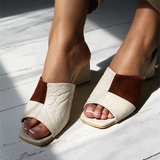 Soulmate block heel open toe mules in ivory embossed leather and tan suede