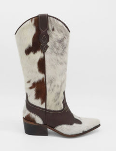 Cowhide brown and ivory cowboy boot with stacked heel and pointed toe - Nirvana by Stivali New York 