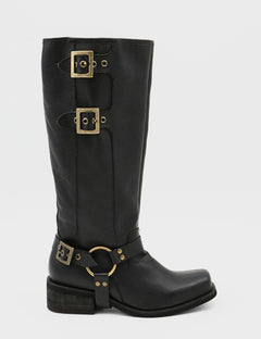 Black leather moto boots with gold buckle detailing and square toe - Naomi by Stivali New York