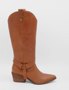 Tan leather 2 in 1 western cowboy boot with pointed toe and wooden heel - Penelope by Stivali New York