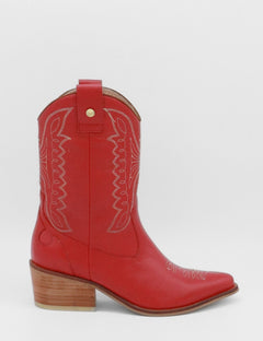 red leather western inspired cowboy boot with pointed toe and stacked low heel - Unstoppable by Stivali New York