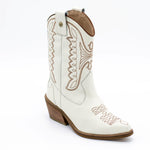 Handcrafted Leather Cowboy Boots, Ivory White Smooth Leather With Embroidered Butterfly Design. Stivali New York 