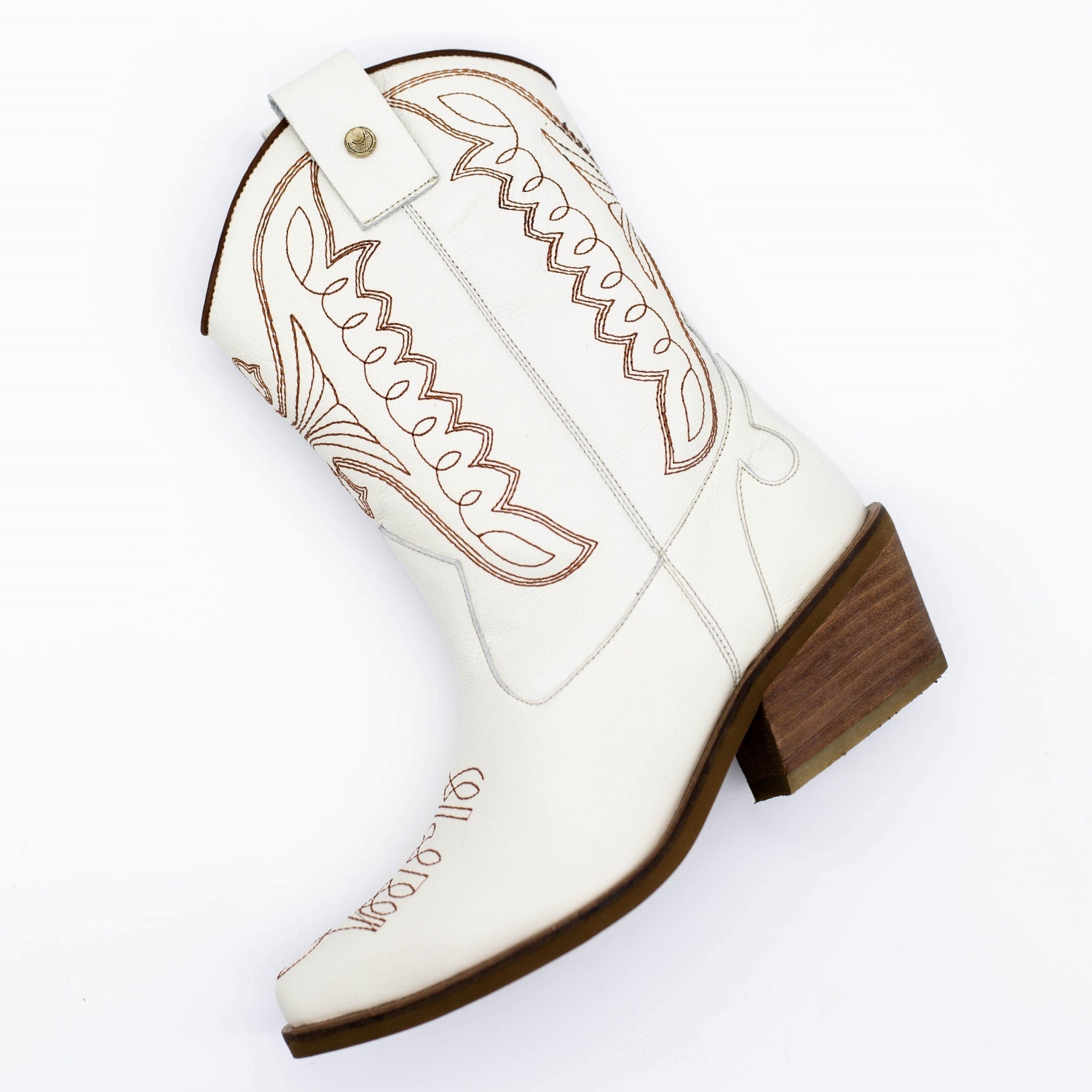 Handcrafted Leather Cowboy Boots, Ivory White Smooth Leather With Embroidered Butterfly Design. Stivali New York