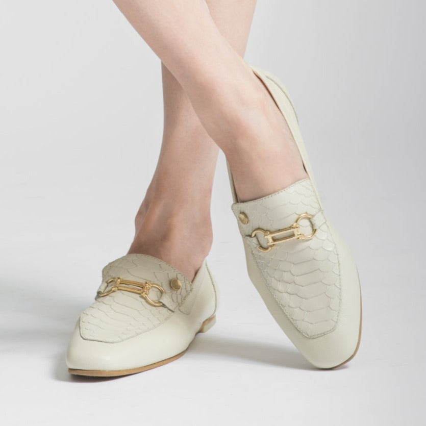 Handcrafted Leather Loafers, Ivory White Smooth and Embossed Leather with Gold Metallic Buckle. Stivali New York
