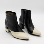 Handcrafted Leather Bootie, Black and Ivory White Smooth Leather Bootie with Heel. Stivali New York