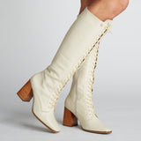 Handcrafted Leather Boots, Ivory White Smooth Leather Knee High Boots. Stivali New York 