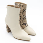 Handcrafted Leather Heeled Boot, Ivory White Smooth Leather and Embossed Sand Snakeskin Leather. Stivali New York